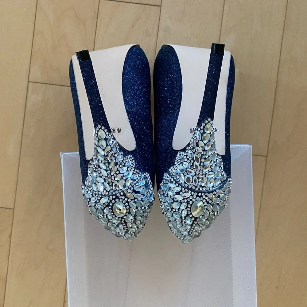 Women's Navy Glitter Peep-Toe Heels with Crystal Accent
